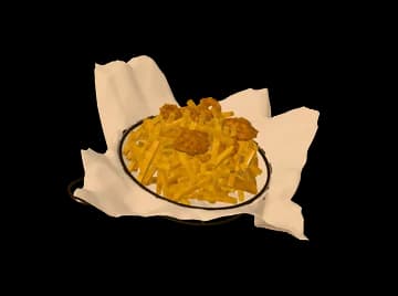 Tel sepette kâğıt üzerinde patates kızartması ve galetalı parçalar